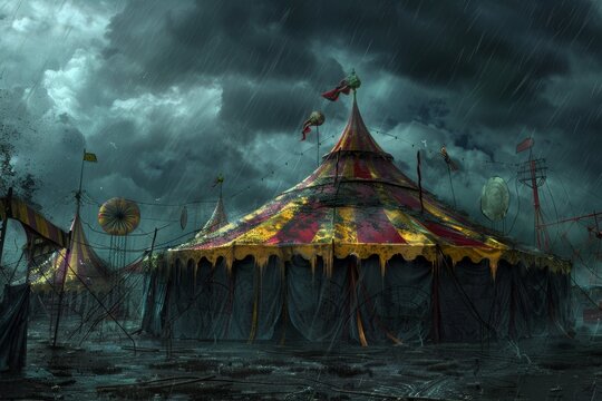 Nightmarish Circus Under Stormy Sky - Creepy Tents, Sinister Clowns, Dark Atmosphere - Perfect for Horror Themes and Halloween Posters