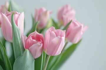 Soft light pink tulip bouquet on plain background.