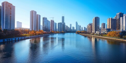 Fototapeta premium Bright sunlight reflects off a river running through a modern urban cityscape with buildings
