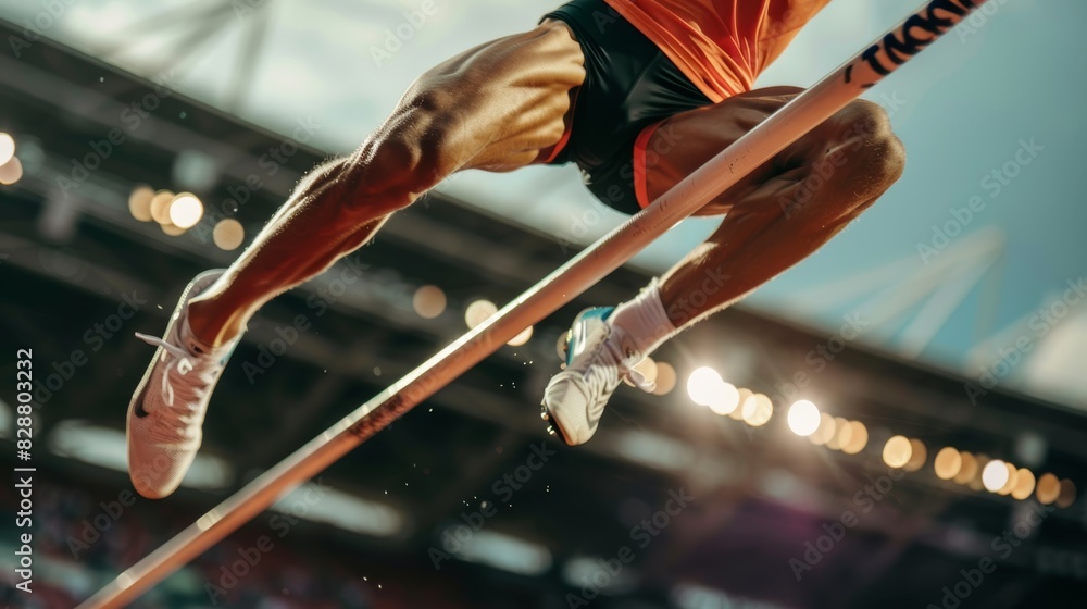 Poster dynamic pole vaulting action in stadium highlighting athleticism and precision