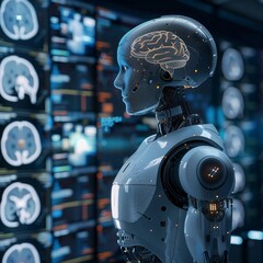 AI Robot with Digital Brain, Futuristic Artificial Intelligence Analyzing Data in a High-Tech Laboratory