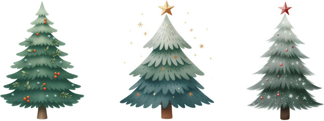 Watercolor Christmas tree clipart transparent background and gold star