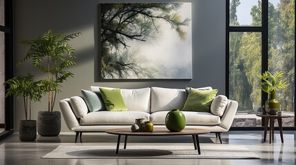Modern white designer sofa with cushions in middle of minimalistic living room