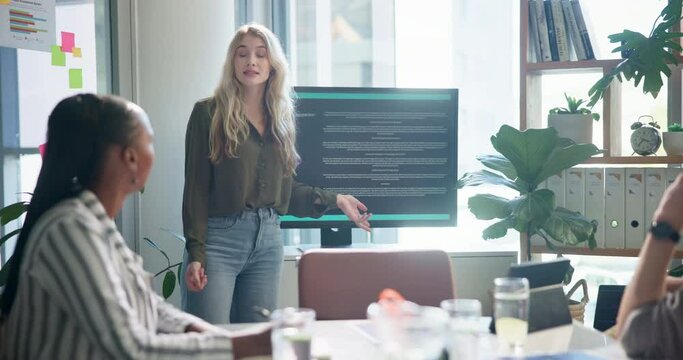 Meeting, presentation and business people with screen in office for project development, information or agenda. Diversity, employee and clients for logo design, website layout or creative report