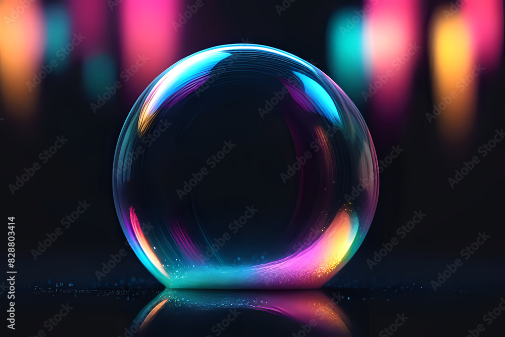 Poster abstract technogy of neon light and bokeh light with glittertransparent soap bubble floating shines 