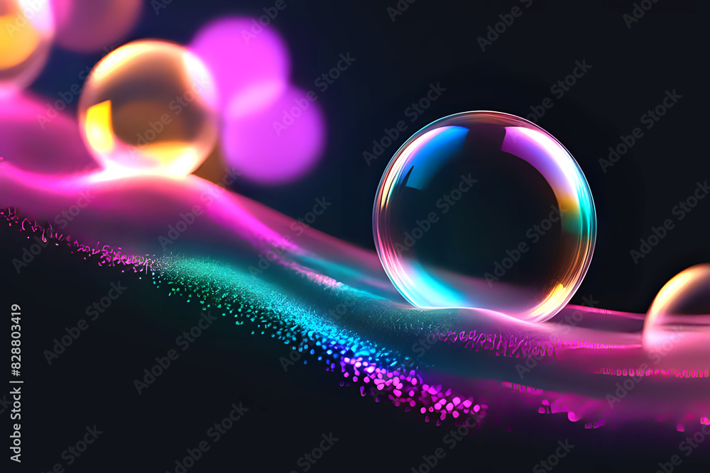 Poster abstract technogy of neon light and bokeh light with glittertransparent soap bubble floating shines 