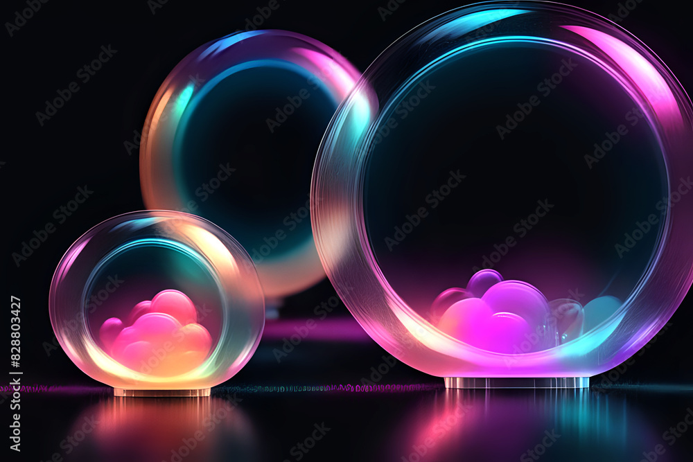 Poster abstract technogy of neon light and bokeh light with glittertransparent soap bubble floating shines 