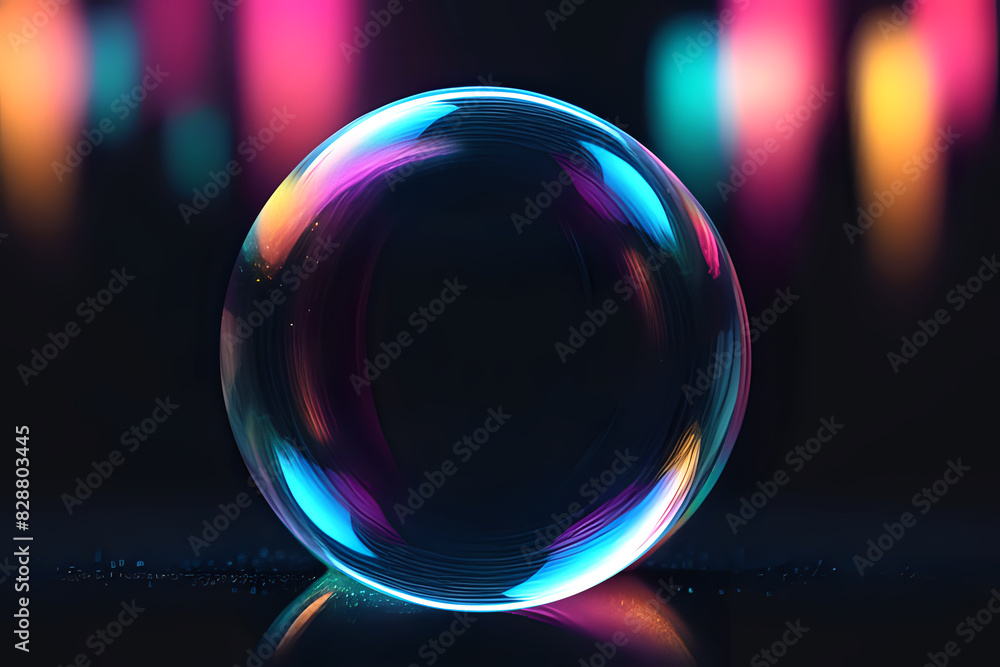Poster abstract technogy of neon light and bokeh light with glittertransparent soap bubble floating shines 
