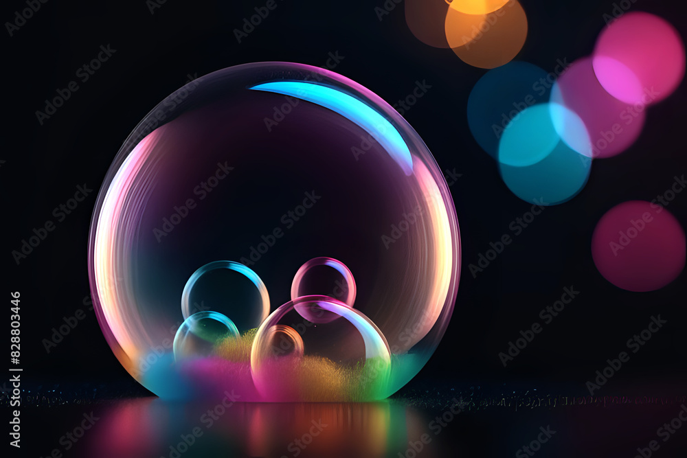 Poster abstract technogy of neon light and bokeh light with glittertransparent soap bubble floating shines 