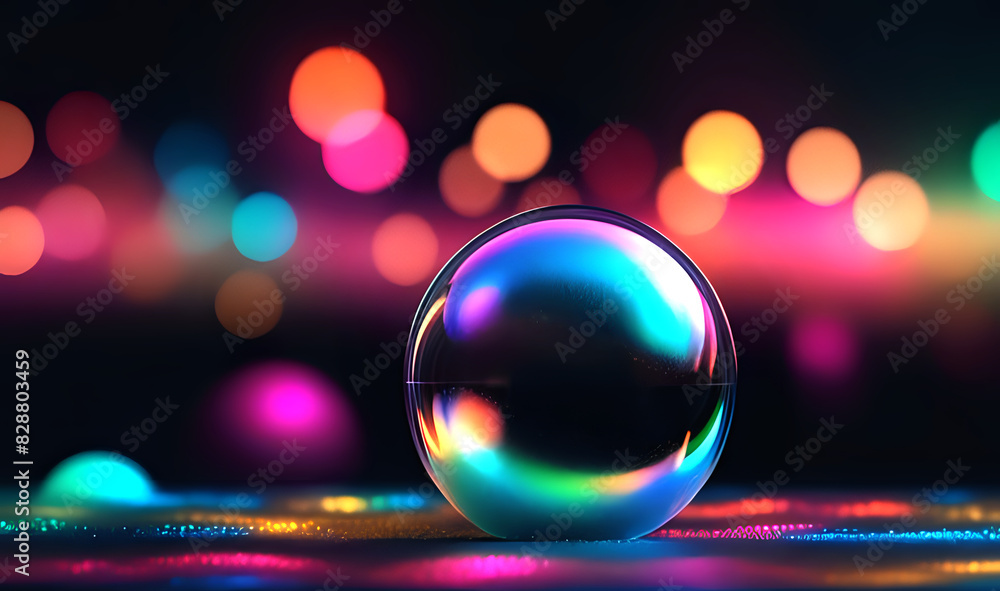 Poster abstract technogy of neon light and bokeh light with glittertransparent soap bubble floating shines 