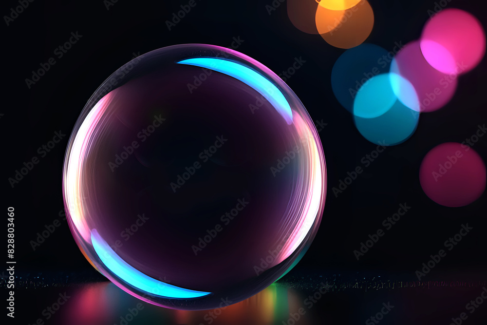 Poster abstract technogy of neon light and bokeh light with glittertransparent soap bubble floating shines 