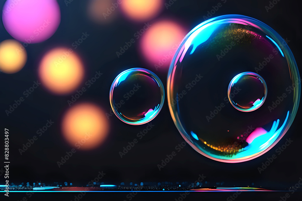 Poster abstract technogy of neon light and bokeh light with glittertransparent soap bubble floating shines 