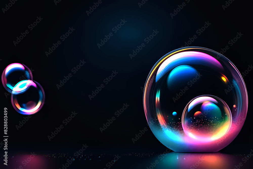 Poster abstract technogy of neon light and bokeh light with glittertransparent soap bubble floating shines 