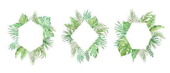 Watercolor tropical green leaves frames set
