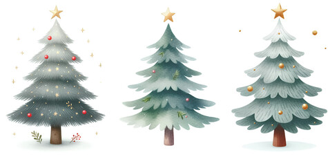 Fototapeta premium Watercolor Christmas tree clipart transparent background and gold star