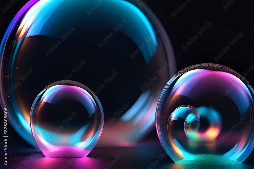 Poster abstract technogy of neon light and bokeh light with glittertransparent soap bubble floating shines 