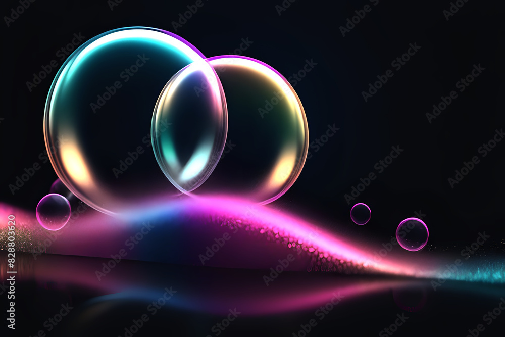 Poster abstract technogy of neon light and bokeh light with glittertransparent soap bubble floating shines 