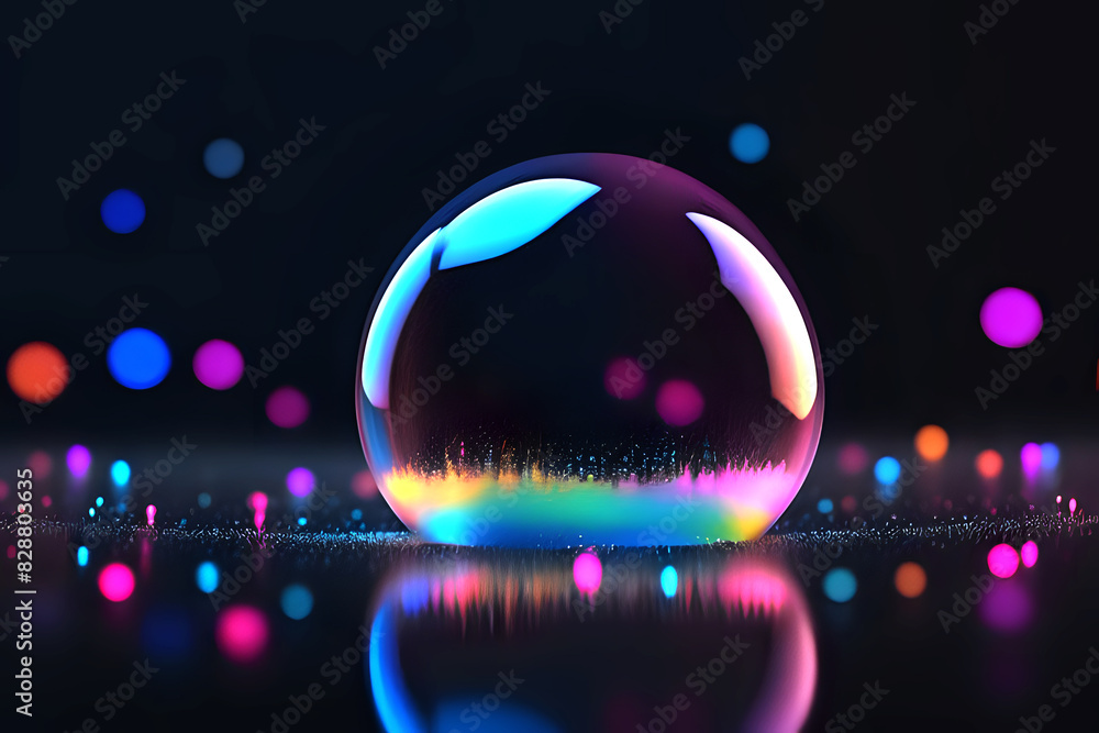 Poster abstract technogy of neon light and bokeh light with glittertransparent soap bubble floating shines 