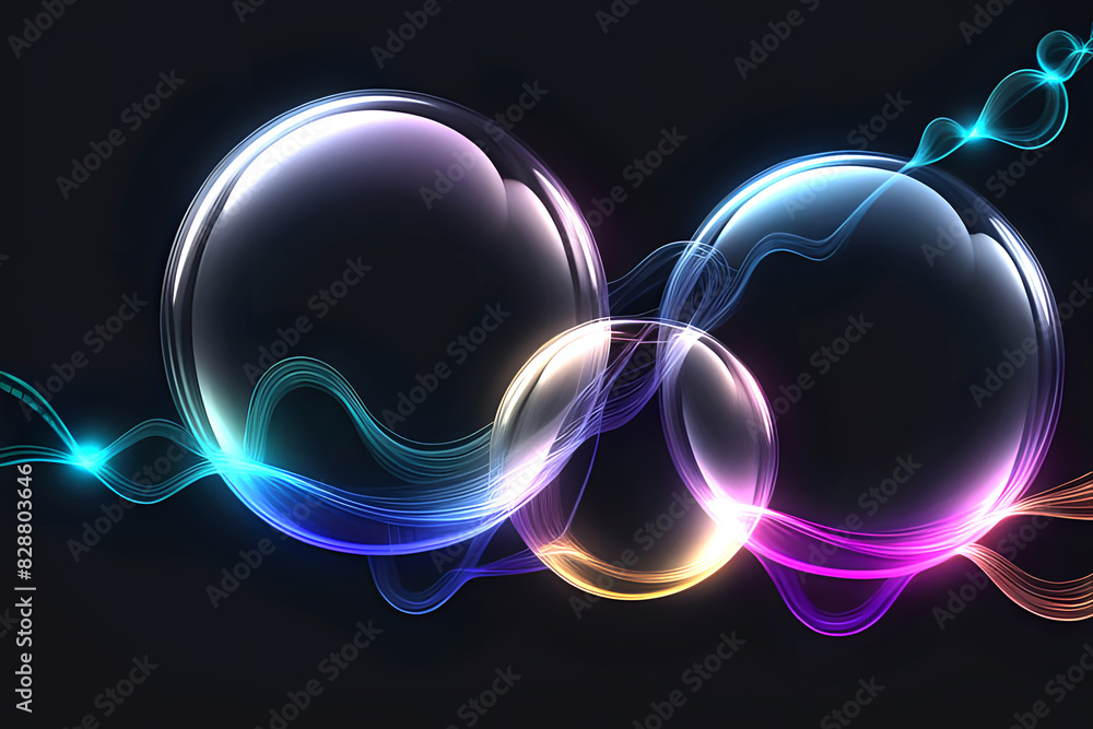 Poster abstract technogy of neon light and bokeh light with glittertransparent soap bubble floating shines 