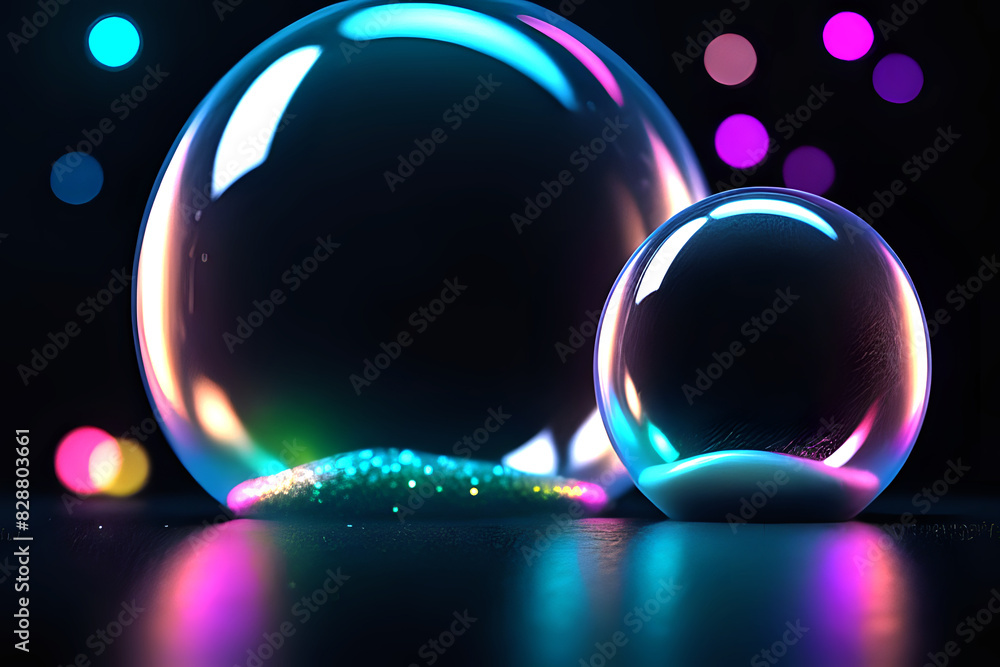 Poster abstract technogy of neon light and bokeh light with glittertransparent soap bubble floating shines 