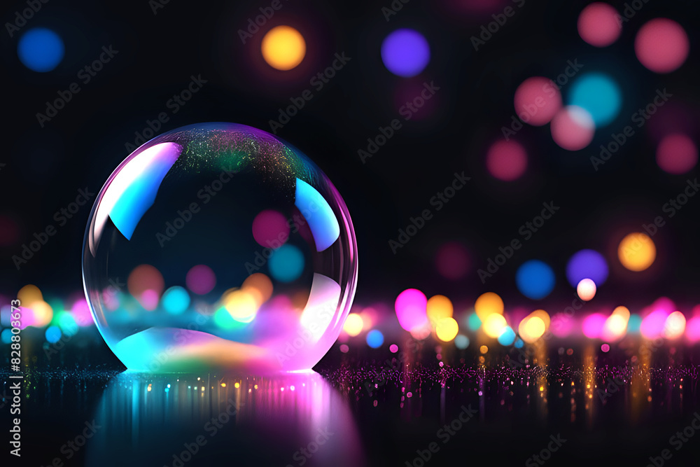 Poster abstract technogy of neon light and bokeh light with glittertransparent soap bubble floating shines 