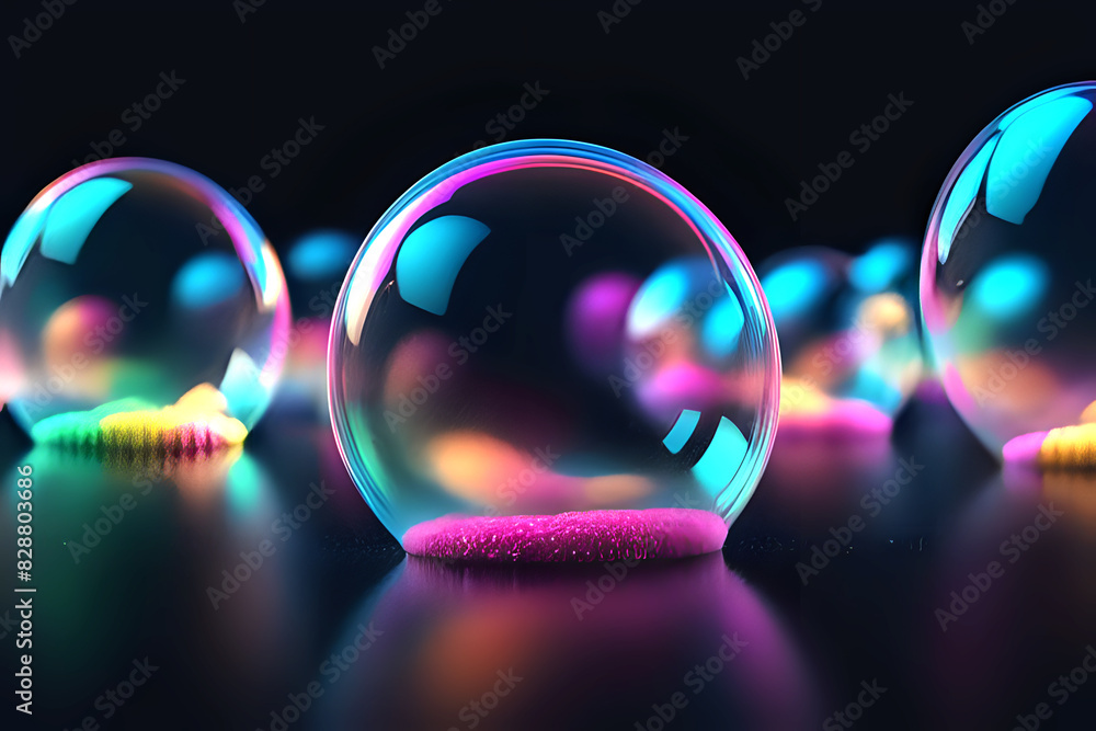 Poster abstract technogy of neon light and bokeh light with glittertransparent soap bubble floating shines 