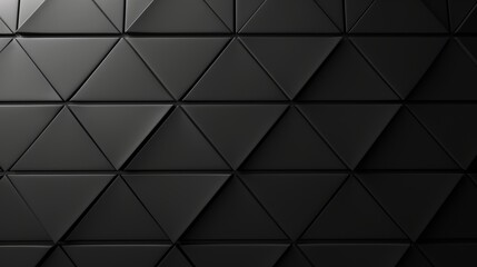 Fototapeta premium A polished, futuristic background composed of black triangular tiles arranged in a geometric pattern, creating a sleek, modern appearance. The 3D render showcases the tiles forming a textured