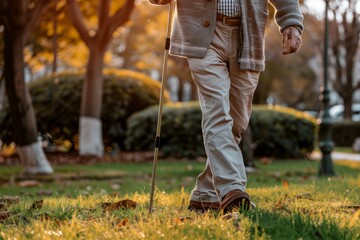 Elderly Man with Walking Cane in Park - Techniques to Alleviate Leg Pain Due to Old Age - Autumn Sunset Stroll