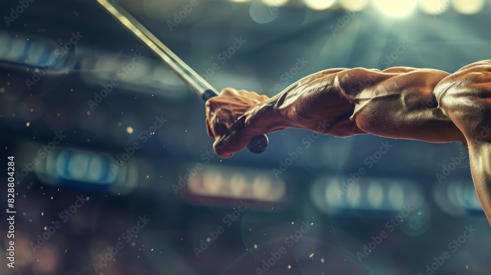 Poster dynamic close-up of javelin throw in stadium - athletic effort and precision for sports design and p