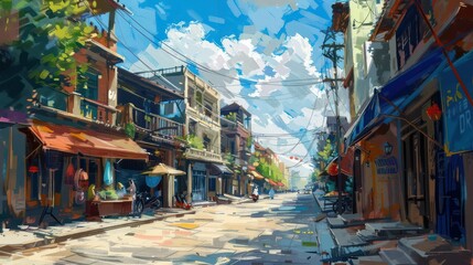 Naklejka premium illustration of shops along the street during the day