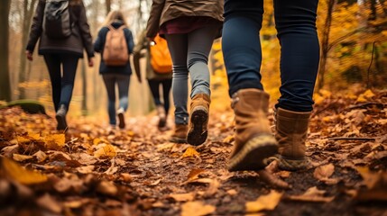 Close up of people walking in autumn forest, blurred background. Generative AI.