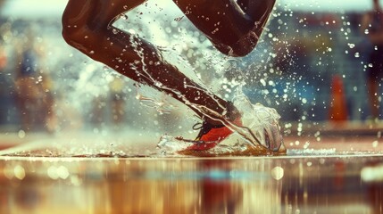 Dynamic Close-Up of Steeplechase Runner Clearing Water Jump at Olympic Games - Sports Photography for Editorial Use