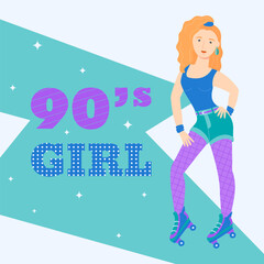 A girl on roller skates in retro style. 90 characters. y2k characters. Fashion of the 90s.