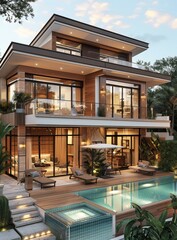 Fototapeta premium Modern Villa with Pool and Lush Palm Trees