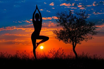 A woman in a yoga pose practicing zen meditation at sunset. The scene features a serene sunset backdrop with calming colors, evoking a peaceful atmosphere