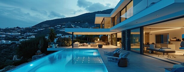 Fototapeta premium Contemporary luxury villa with blue pool