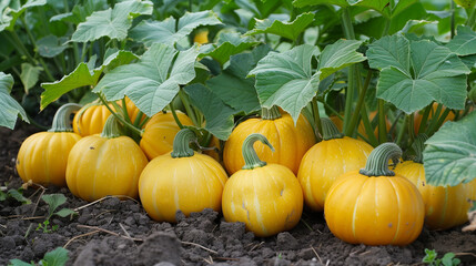 Yellow pumpkin bushes and harvest in the garden bed lying on the ground
