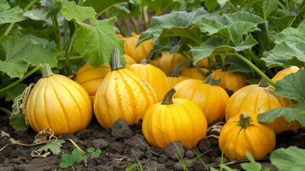 Yellow pumpkin bushes and harvest in the garden bed lying on the ground