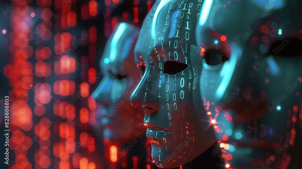 Canvas Prints three white masks, hands, black eyes, with a binary code pattern on his face