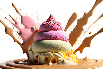 Ice scream. Delicious ice cream explosion. White background. Cut out. Strawberry, vanilla, chocolate ice cream woth waffle cone on marble stone backgrounds. - Powered by Adobe