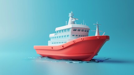 Naklejka premium 3D rendering of a modern red ship on calm blue waters, showcasing sleek maritime design and tranquil marine environment.