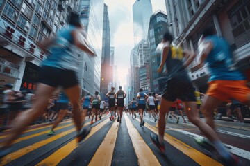 Energetic Marathon Runners Through City Center with Skyscrapers and Cheering Crowds