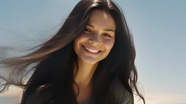 Radiant Woman with Ebony Hair Smiling Outdoors