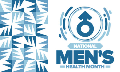 National Men's Health Month in June. Celebrated in United States. Educational program that teaches you how to work on your body. Healthy eating, exercise and disease prevention. Medical vector poster
