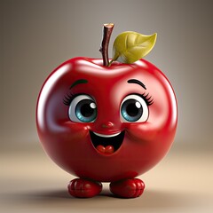 3d illustration of red apple cartoon character. Cheerful cherry 3D berry character. Cute fairy apple or cherry print for clothing, stationery, books, merchandise. 3D toy apple fruit.