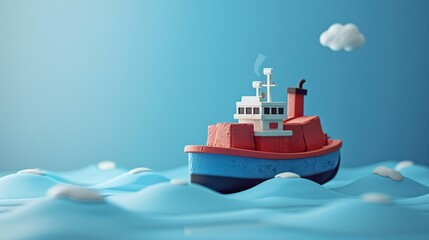 A cute, small-scale red and blue toy boat sailing on an animated ocean with a fluffy cloud in the sky, under vivid lighting.