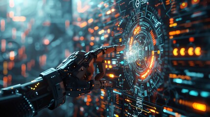 The image shows a robotic hand touching a glowing sphere of data