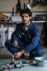 Male plumber in blue uniform kneeling by sink pipes