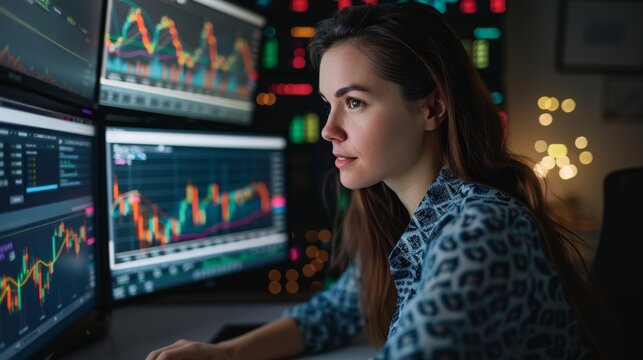 Woman stock trader in her 30s presenting online webinar - Powered by Adobe