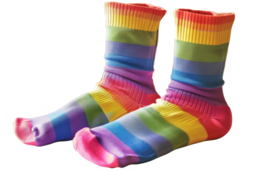 Rainbow socks, isolated on solid white background, PNG di-cut style, realistic photo style, object as model